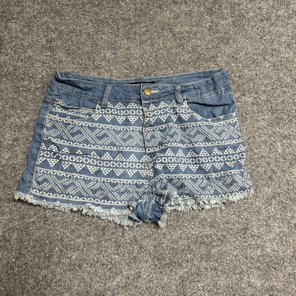 Forever 21 Shorts Womens Size 30 Blue Tribal Print Denim Raw Hem Cut Off Casual